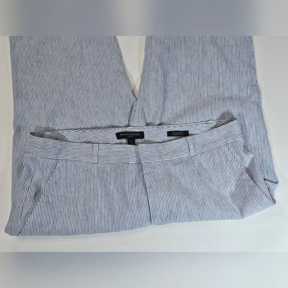 Banana‎ Republic Linen Pants Womens Size 12P Avery Blue White Striped Nautical